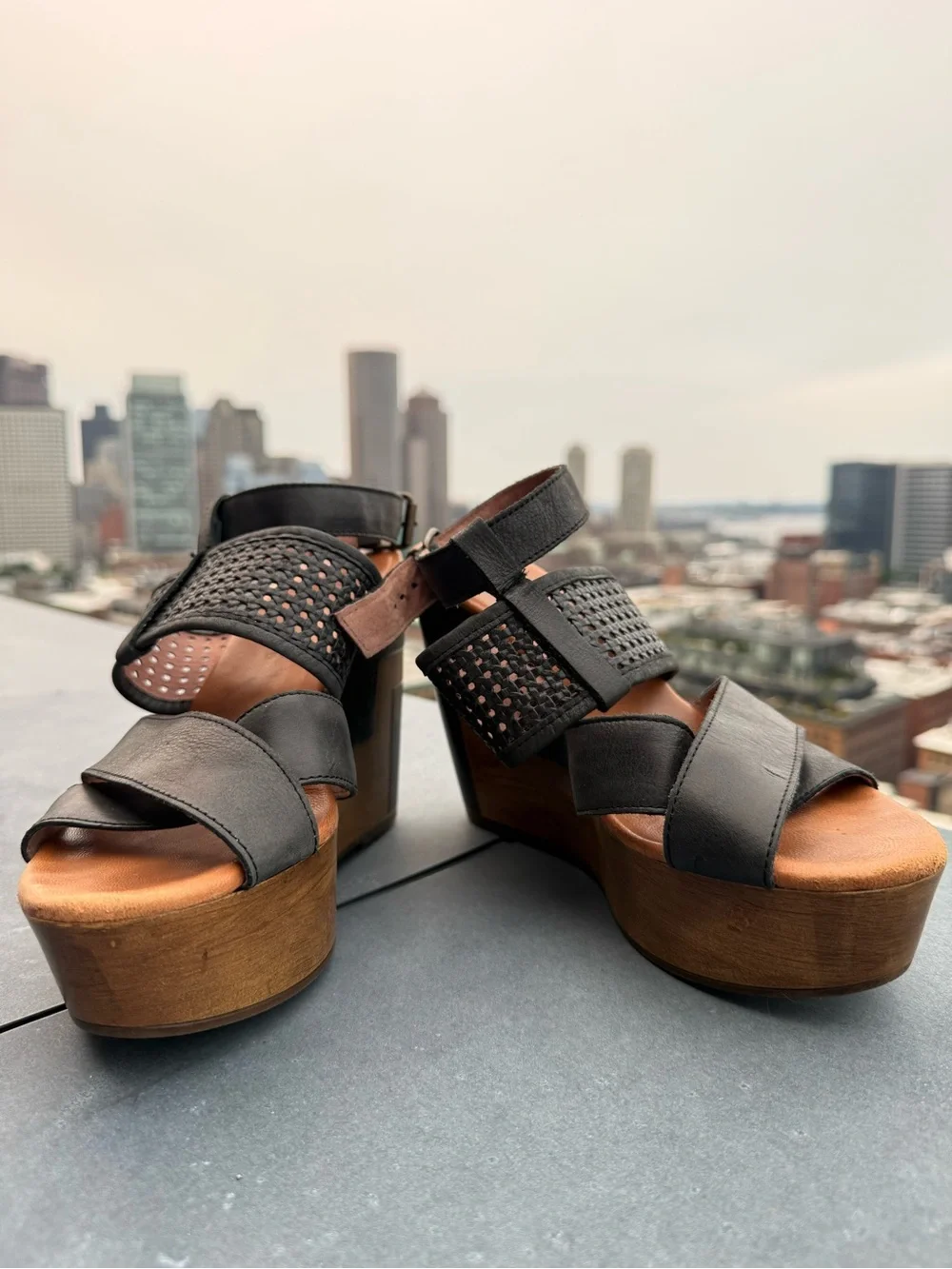 Musse & Cloud Black Leather Platform Wedge Sandals EU 39 US 7.5